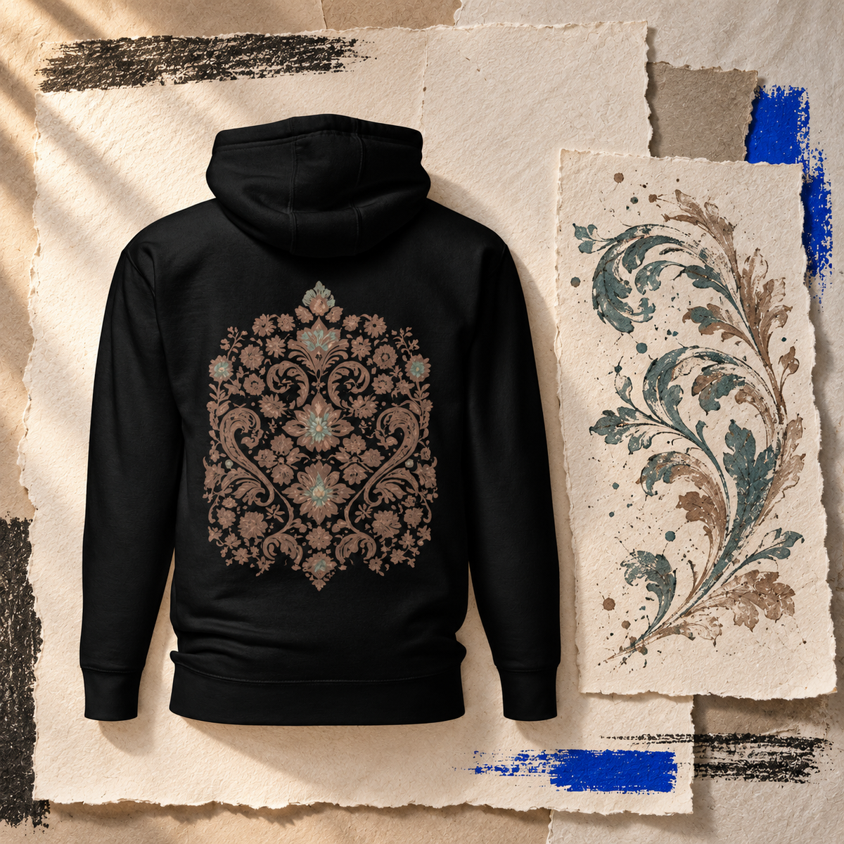 Black Verdigris Garden hoodie with brown and teal floral back artwork, beside a decorative paper study.