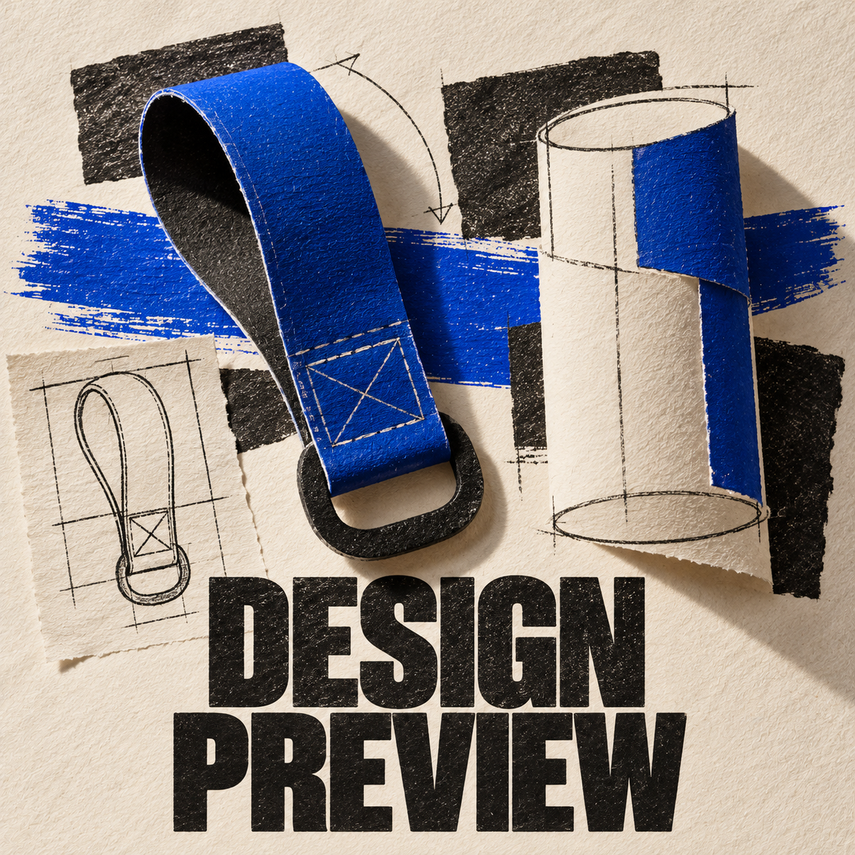 RooLabz Accessories design preview: paper strap and cylinder studies in cobalt and charcoal.