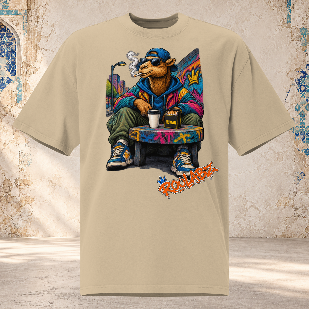 Streetwear Camel oversized faded tee in faded khaki, a RooLabz gift idea for streetwear lovers