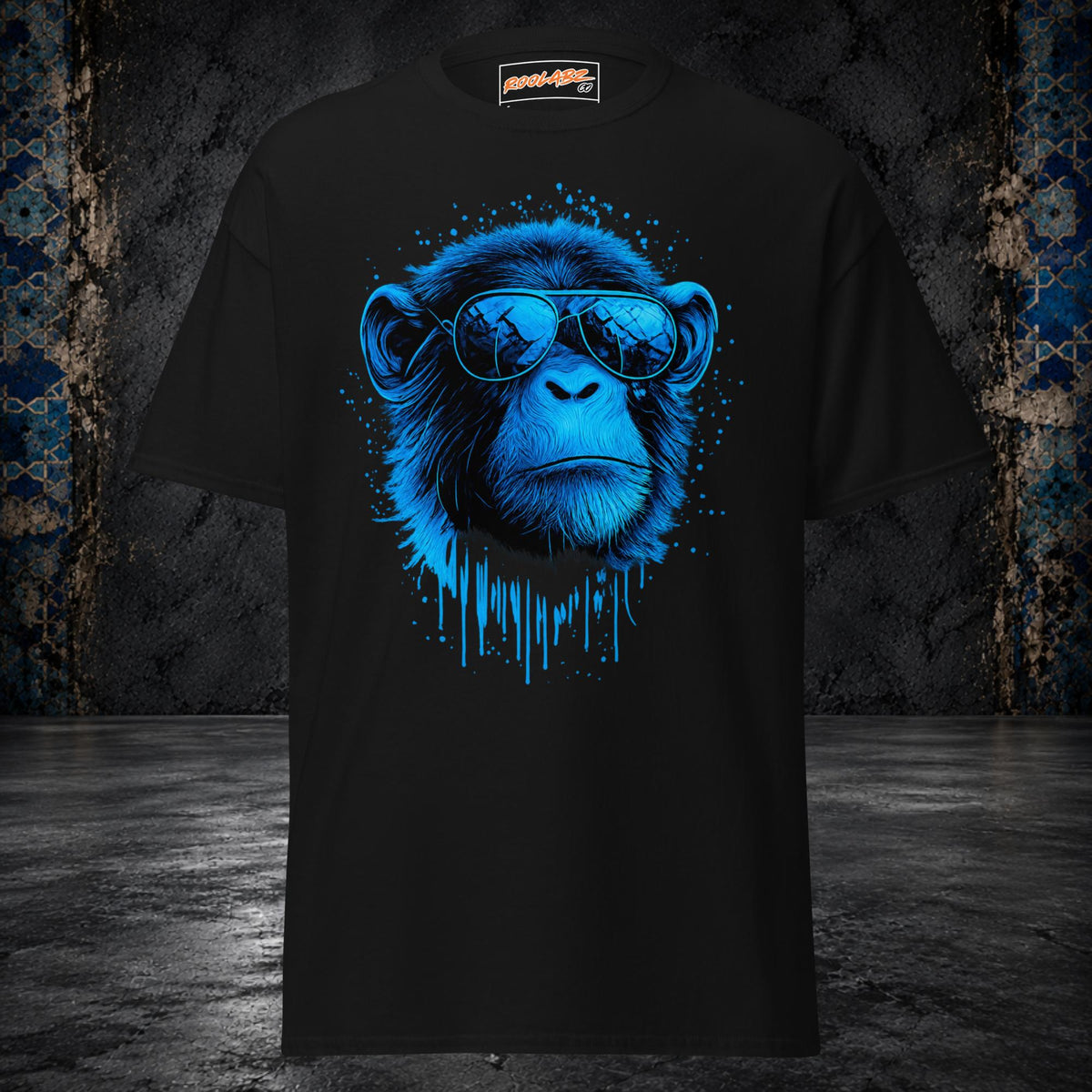 Black RooLabz Blue Monkey graphic tee, front view, for a guide on how to style graphic tees