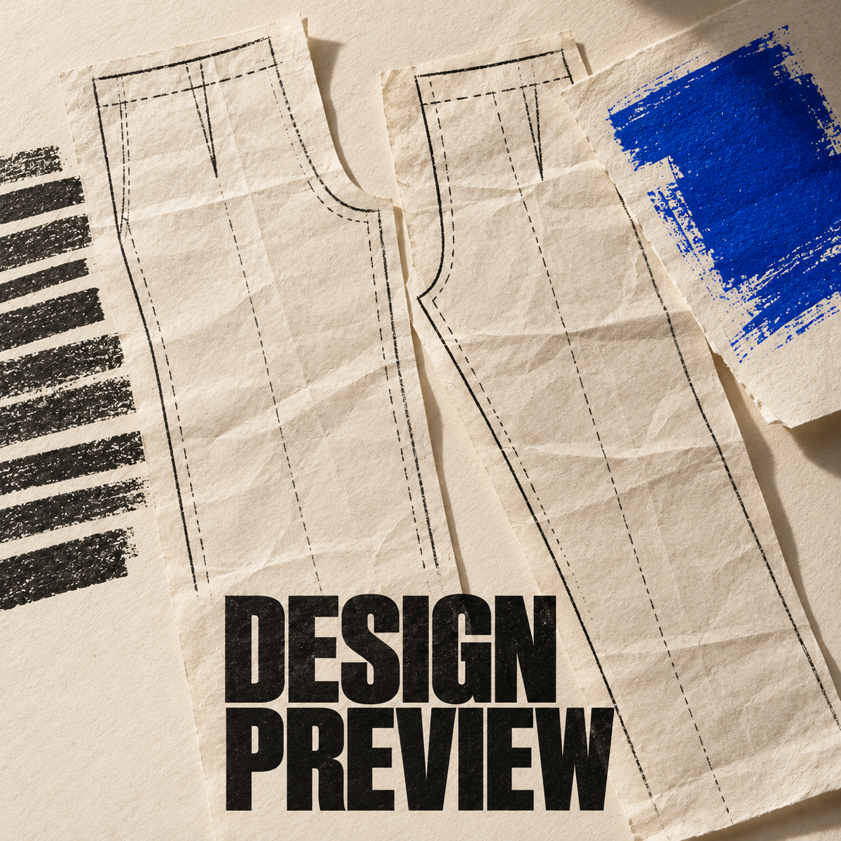 RooLabz Bottoms design preview: trouser pattern drawings on ivory paper with a cobalt paint swatch.