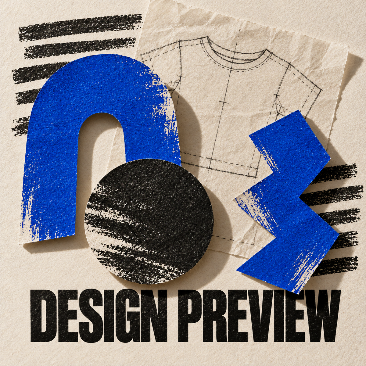RooLabz Kids design preview: cobalt and charcoal paper shapes beside a T-shirt pattern sketch.