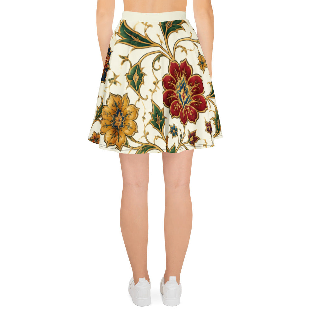 Back mockup of the Persian Garden skater skirt with red and golden flowers and green vines on ivory