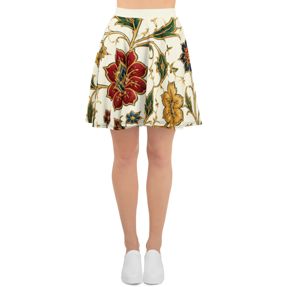 Front mockup of the Persian Garden skater skirt with red and golden flowers and green vines on ivory