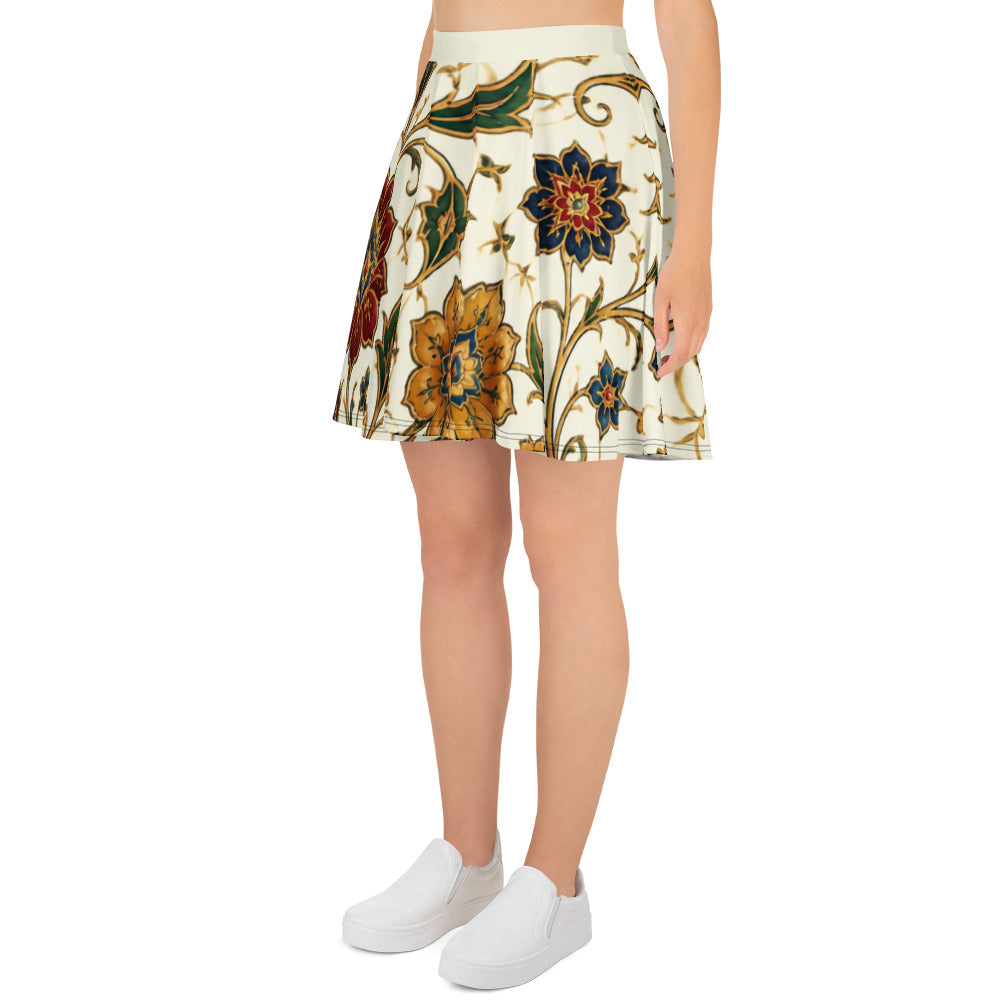 Left-side mockup of the Persian Garden skater skirt with red and golden flowers and green vines on ivory