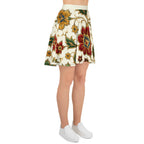 Right-side mockup of the Persian Garden skater skirt with red and golden flowers and green vines on ivory
