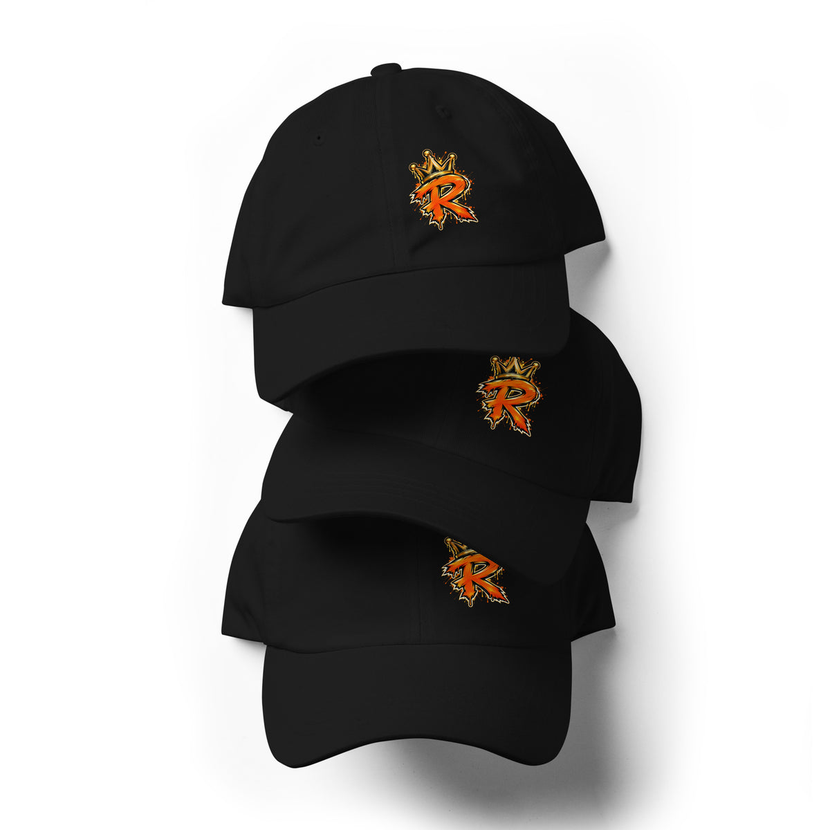 Three stacked black dad hats shown from the front with orange-and-gold crowned R logos