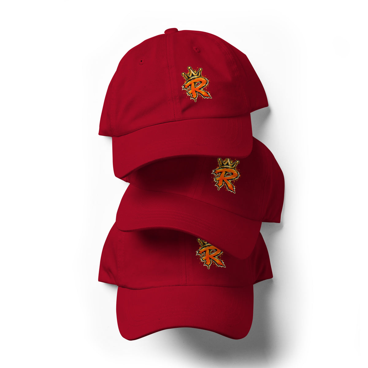 Three stacked cranberry dad hats shown from the front with orange-and-gold crowned R logos