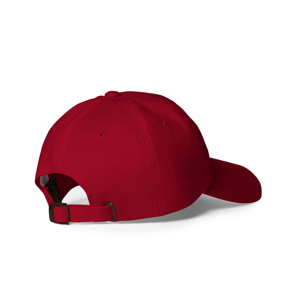 Rear-right view of a cranberry dad hat showing the adjustable strap and metal buckle