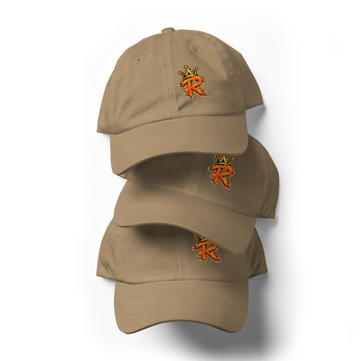 Three stacked khaki dad hats shown from the front with orange-and-gold crowned R logos
