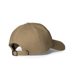 Rear-right view of a khaki dad hat showing the adjustable strap and metal buckle