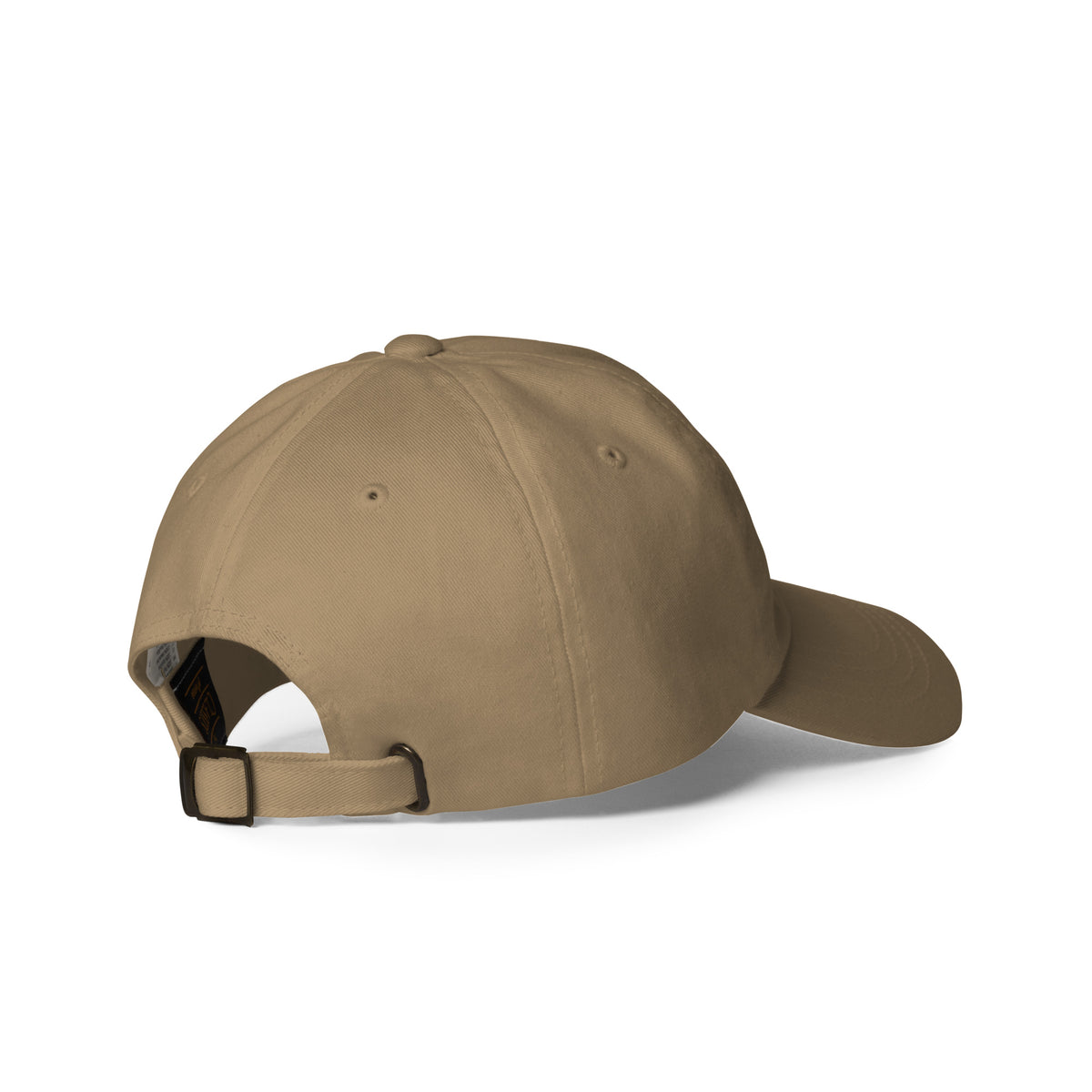 Rear-right view of a khaki dad hat showing the adjustable strap and metal buckle