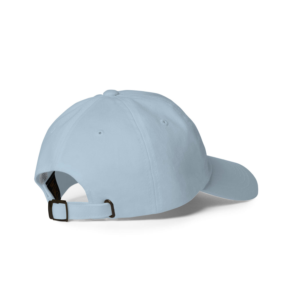 Rear-right view of a light blue dad hat showing the adjustable strap and metal buckle