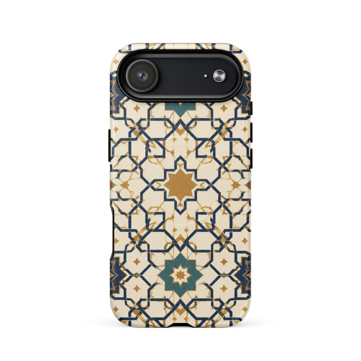 Rear mockup of a Persian Art case for iPhone 17 Air, with cream, gold and navy geometric stars and green rosettes