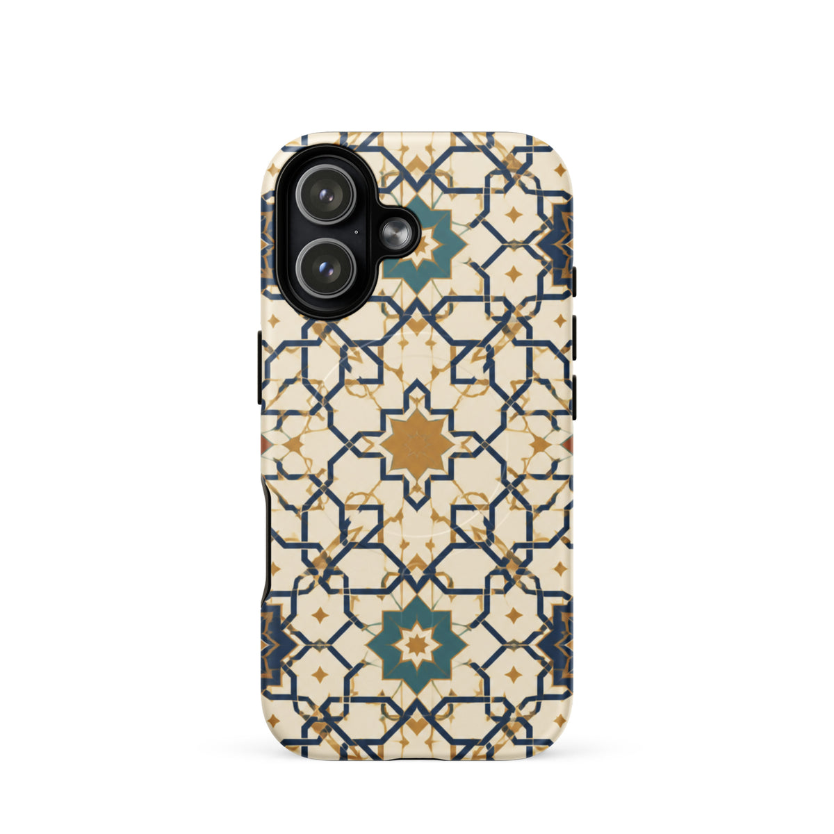Rear mockup of a Persian Art case for iPhone 17, with cream, gold and navy geometric stars and green rosettes