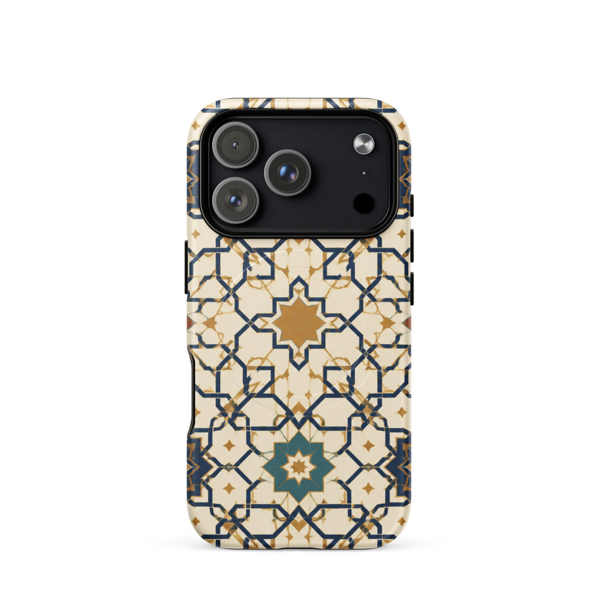 Rear mockup of a Persian Art case for iPhone 17 Pro, with cream, gold and navy geometric stars and green rosettes