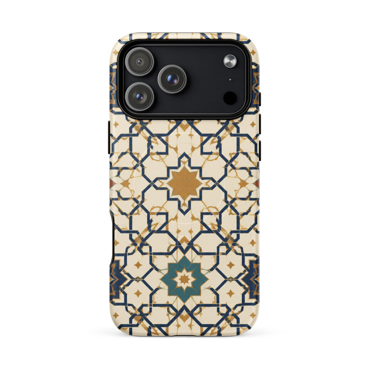 Rear mockup of a Persian Art case for iPhone 17 Pro Max, with cream, gold and navy geometric stars and green rosettes