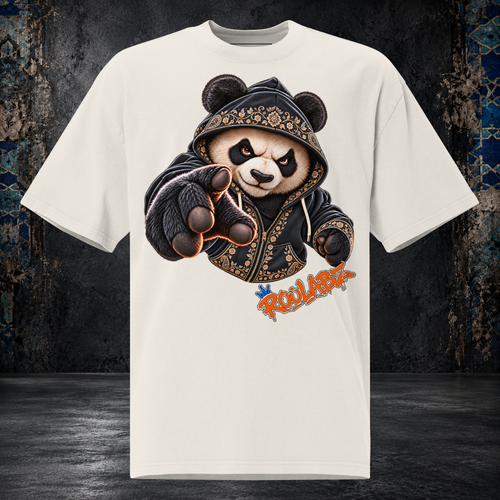 Front mockup of a faded bone oversized tee with a panda in a patterned hood reaching one gloved paw forward