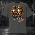 Front mockup of a faded coal oversized tee with four dog characters in sunglasses and orange streetwear