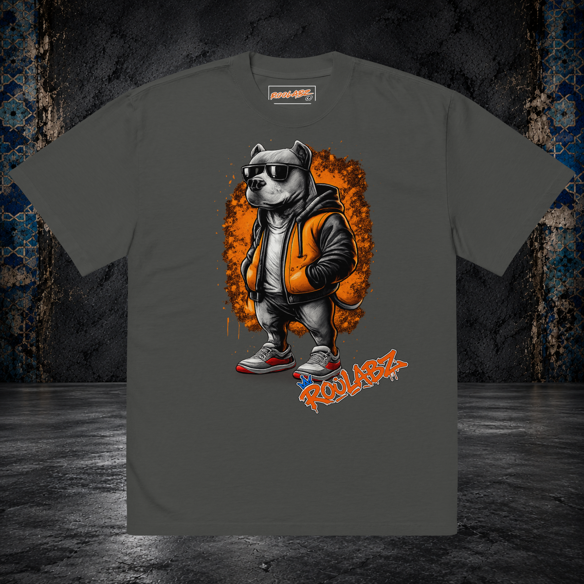 Front mockup of a faded coal Dad Dog oversized tee with a dog in sunglasses and an orange vest