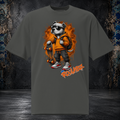 Front mockup of a faded coal Skateboard Dog oversized tee with a dog in sunglasses carrying an orange backpack