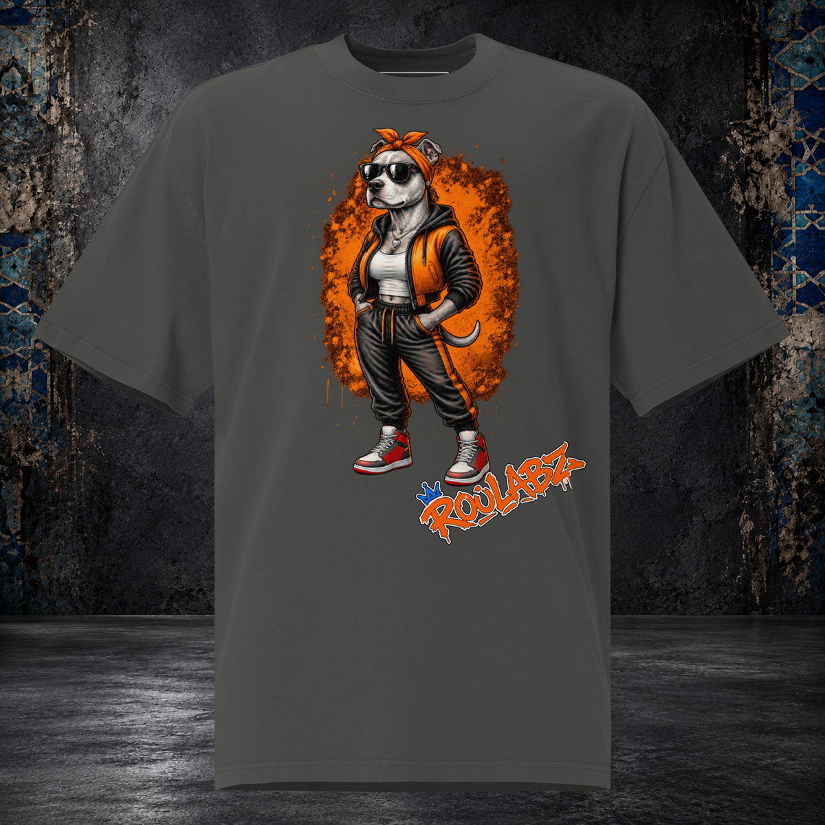 Front mockup of a faded coal Mom Dog oversized tee with a dog in sunglasses, an orange vest and black clothing