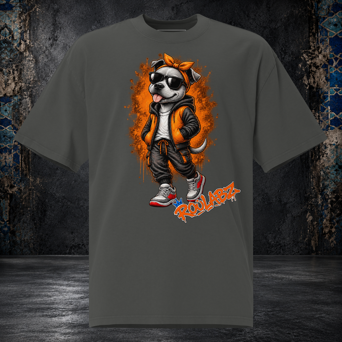 Front mockup of a faded coal Girl Dog oversized tee with an orange bow, sunglasses and orange vest
