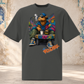 Front mockup of a faded coal oversized tee with a camel in sunglasses and a blue cap seated on a graffiti-covered chair