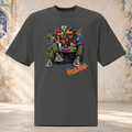 Front mockup of a faded coal Camel Date oversized tee with two camel characters seated together beside drinks