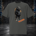 Front mockup of a faded coal oversized tee with a pitbull character wearing a dark hoodie and headphones