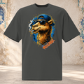 Front mockup of faded coal oversized tee with a golden camel in sunglasses and a backward blue cap, curling cigarette smoke and blue splashes