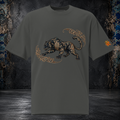 Front mockup of a faded coal oversized tee with a black panther, gold-toned ornament and curling paisley flourishes