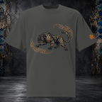 Front mockup of a faded coal oversized tee with a black panther, gold-toned ornament and curling paisley flourishes