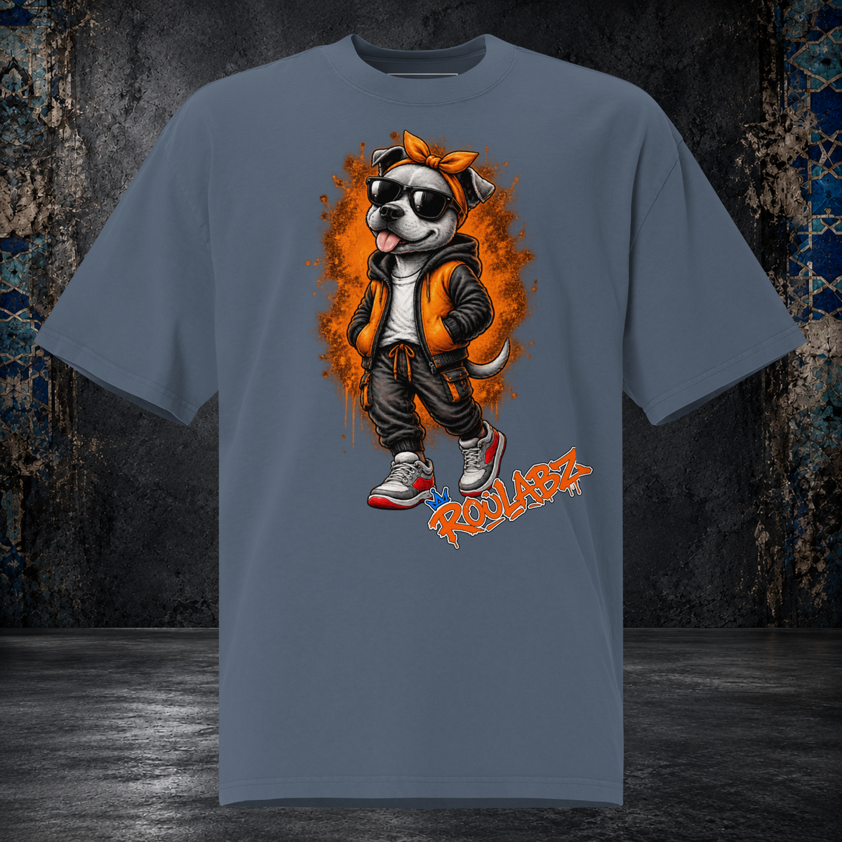 Front mockup of a faded indigo Girl Dog oversized tee with an orange bow, sunglasses and orange vest