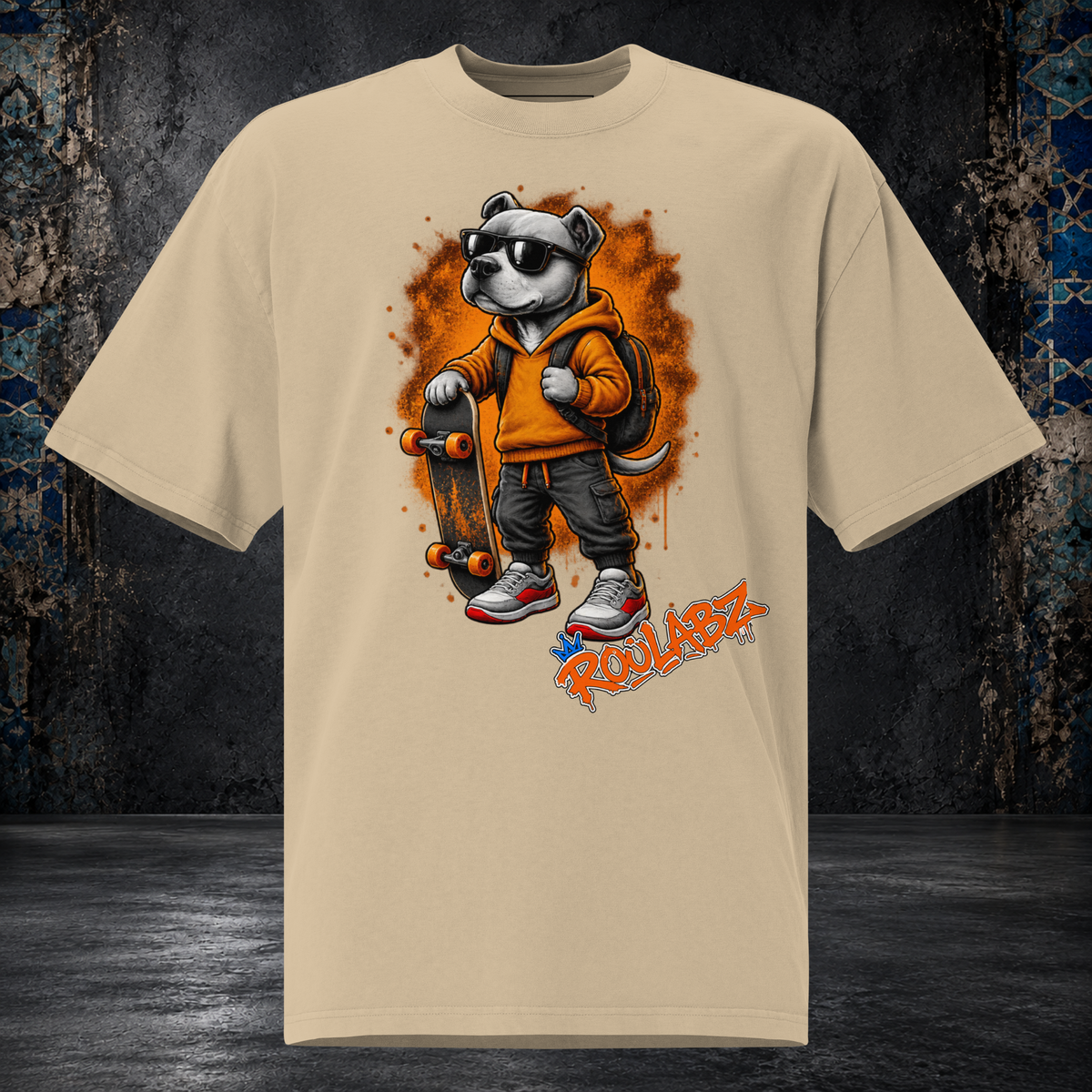 Front mockup of a faded khaki Skateboard Dog oversized tee with a dog in sunglasses carrying an orange backpack