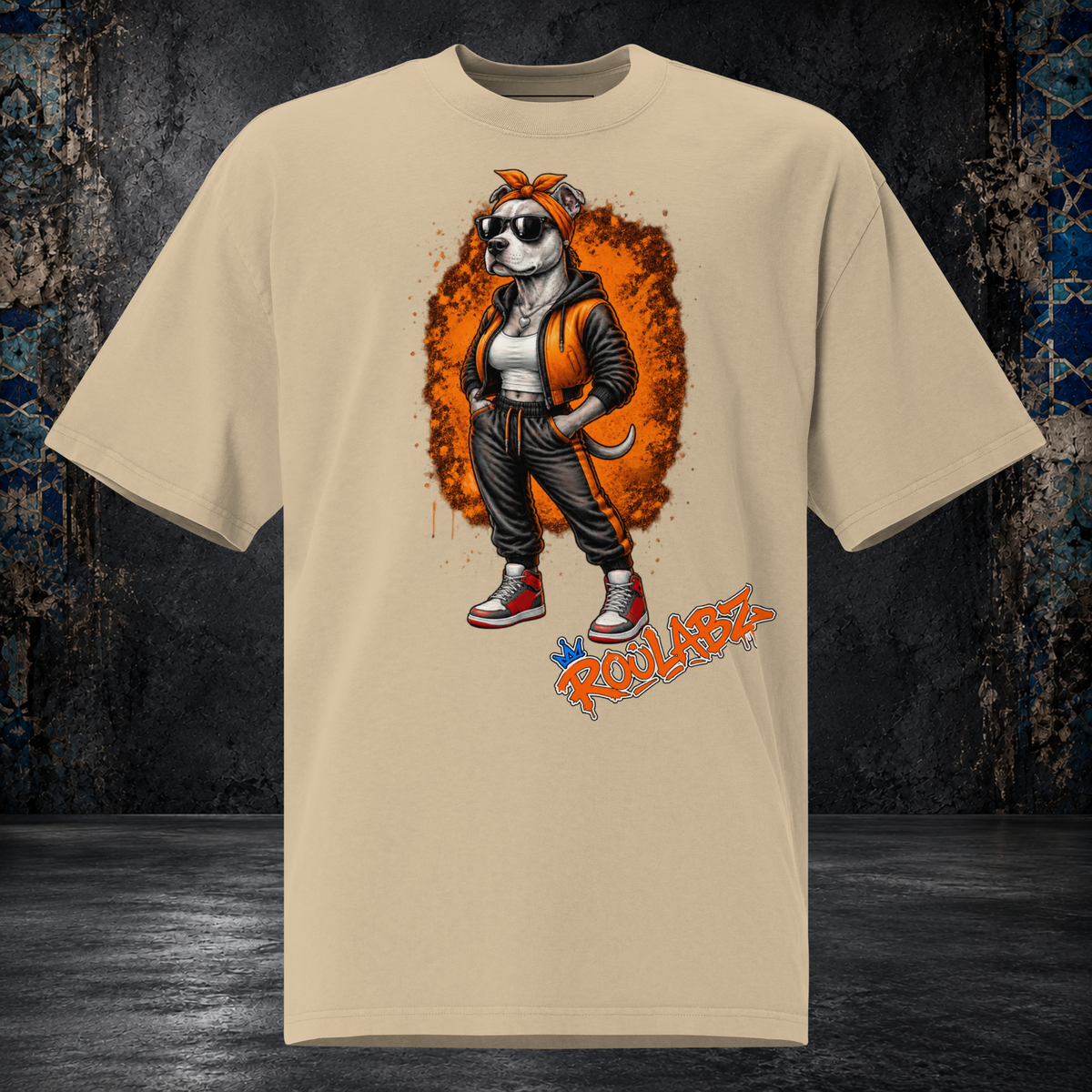 Front mockup of a faded khaki Mom Dog oversized tee with a dog in sunglasses, an orange vest and black clothing