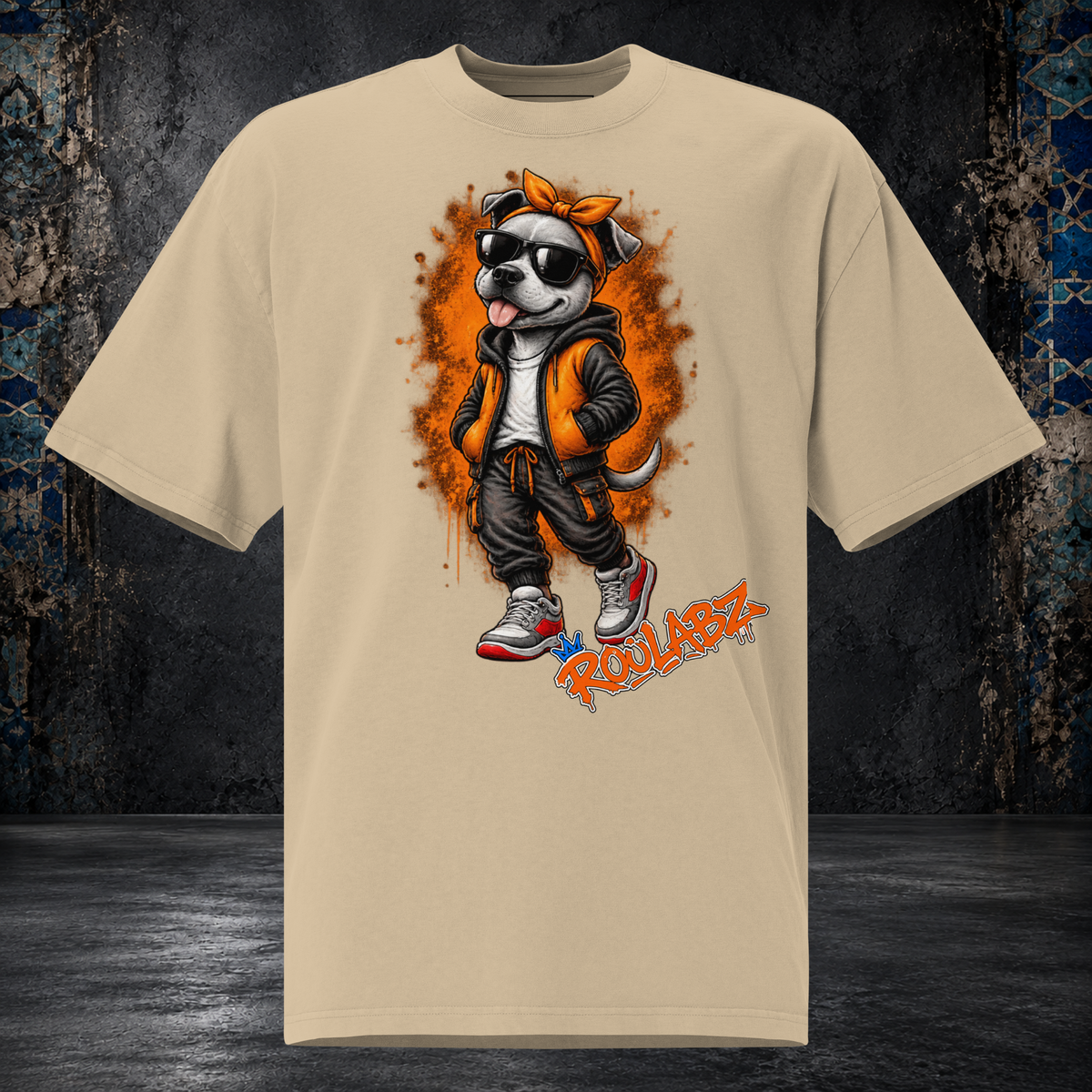 Front mockup of a faded khaki Girl Dog oversized tee with an orange bow, sunglasses and orange vest