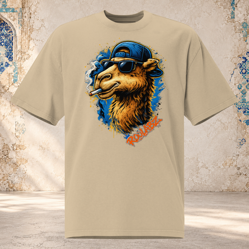 Front mockup of faded khaki oversized tee with a golden camel in sunglasses and a backward blue cap, curling cigarette smoke and blue splashes