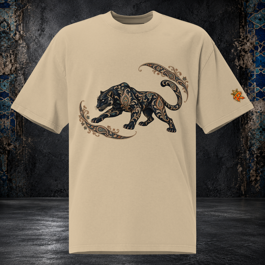 Front mockup of a faded khaki oversized tee with a black panther, gold-toned ornament and curling paisley flourishes