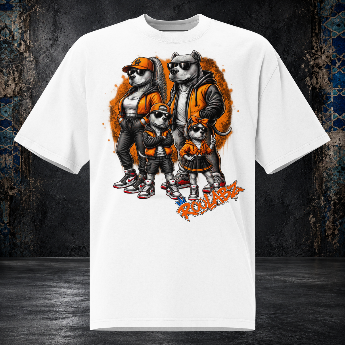 Front mockup of a faded white oversized tee with four dog characters in sunglasses and orange streetwear