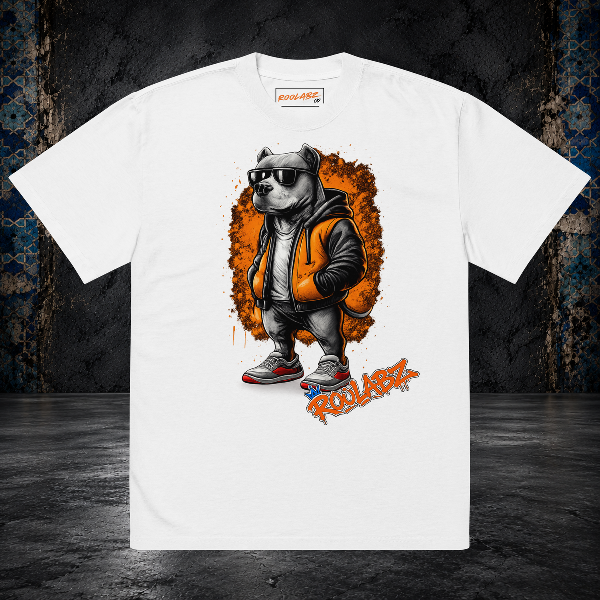 Front mockup of a faded white Dad Dog oversized tee with a dog in sunglasses and an orange vest