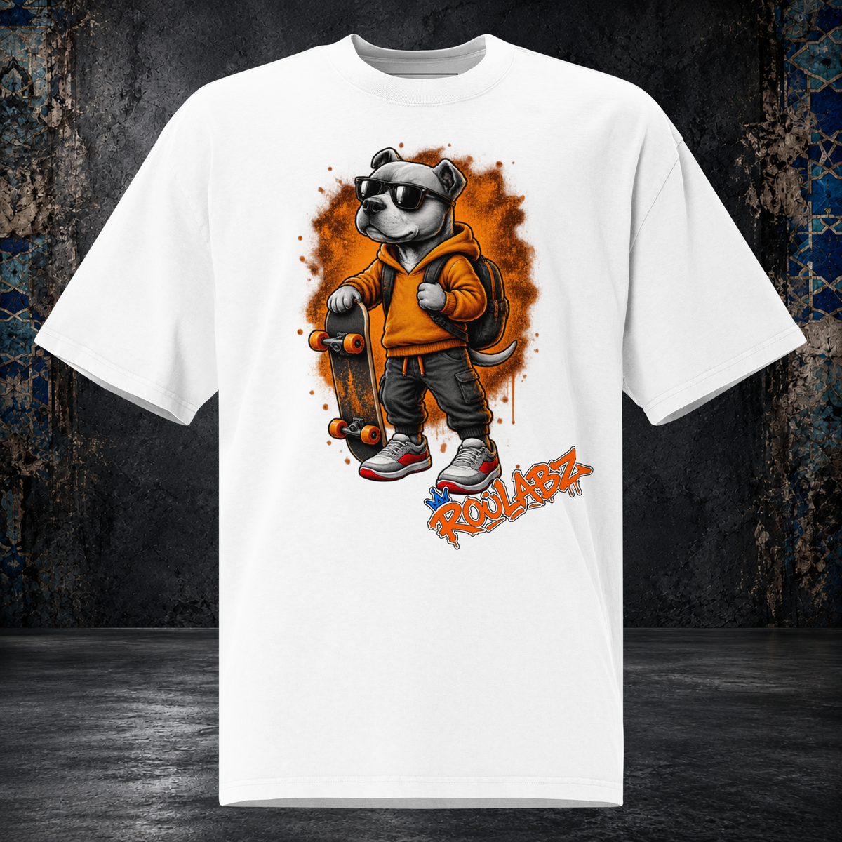 Front mockup of a faded white Skateboard Dog oversized tee with a dog in sunglasses carrying an orange backpack