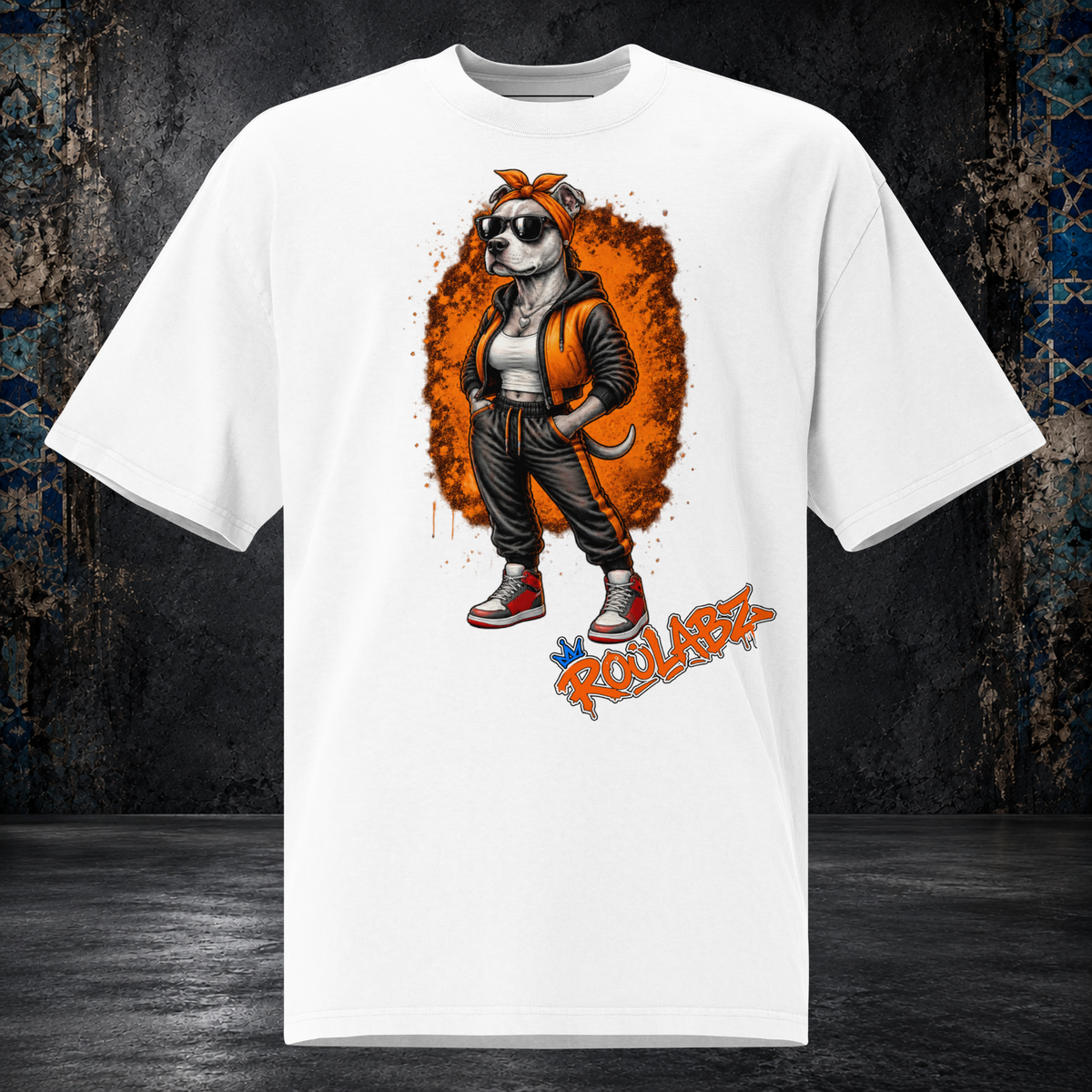 Front mockup of a faded white Mom Dog oversized tee with a dog in sunglasses, an orange vest and black clothing