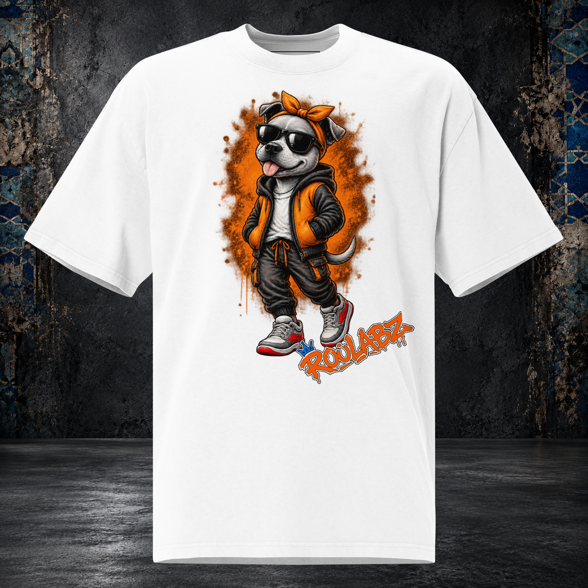 Front mockup of a faded white Girl Dog oversized tee with an orange bow, sunglasses and orange vest