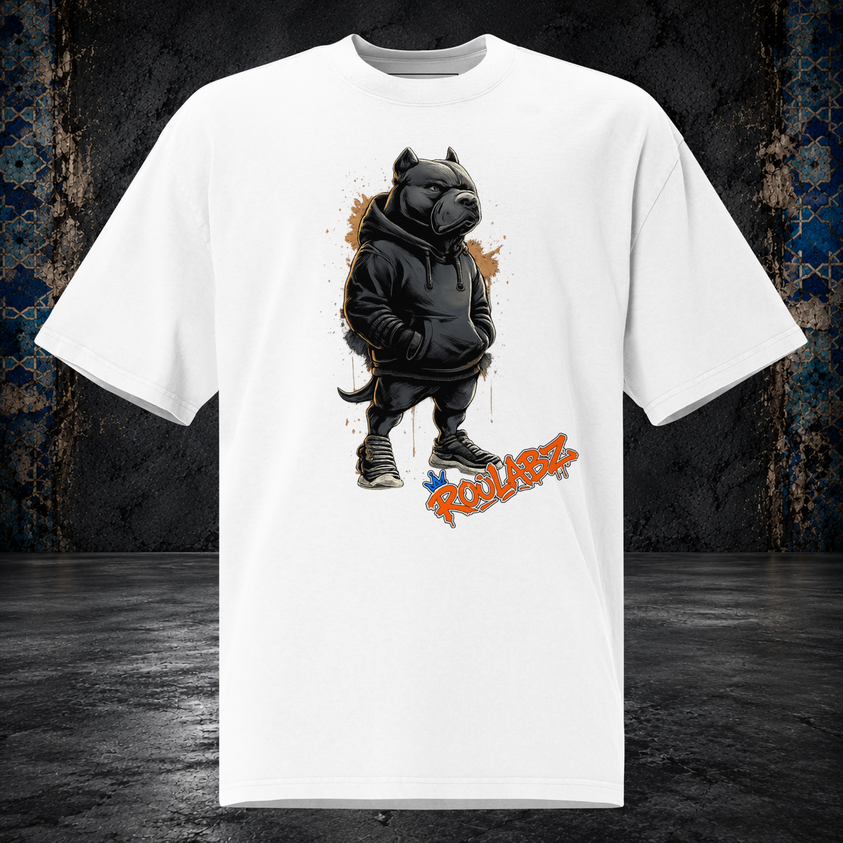 Front mockup of a faded white oversized tee with a pitbull character wearing a dark hoodie and headphones