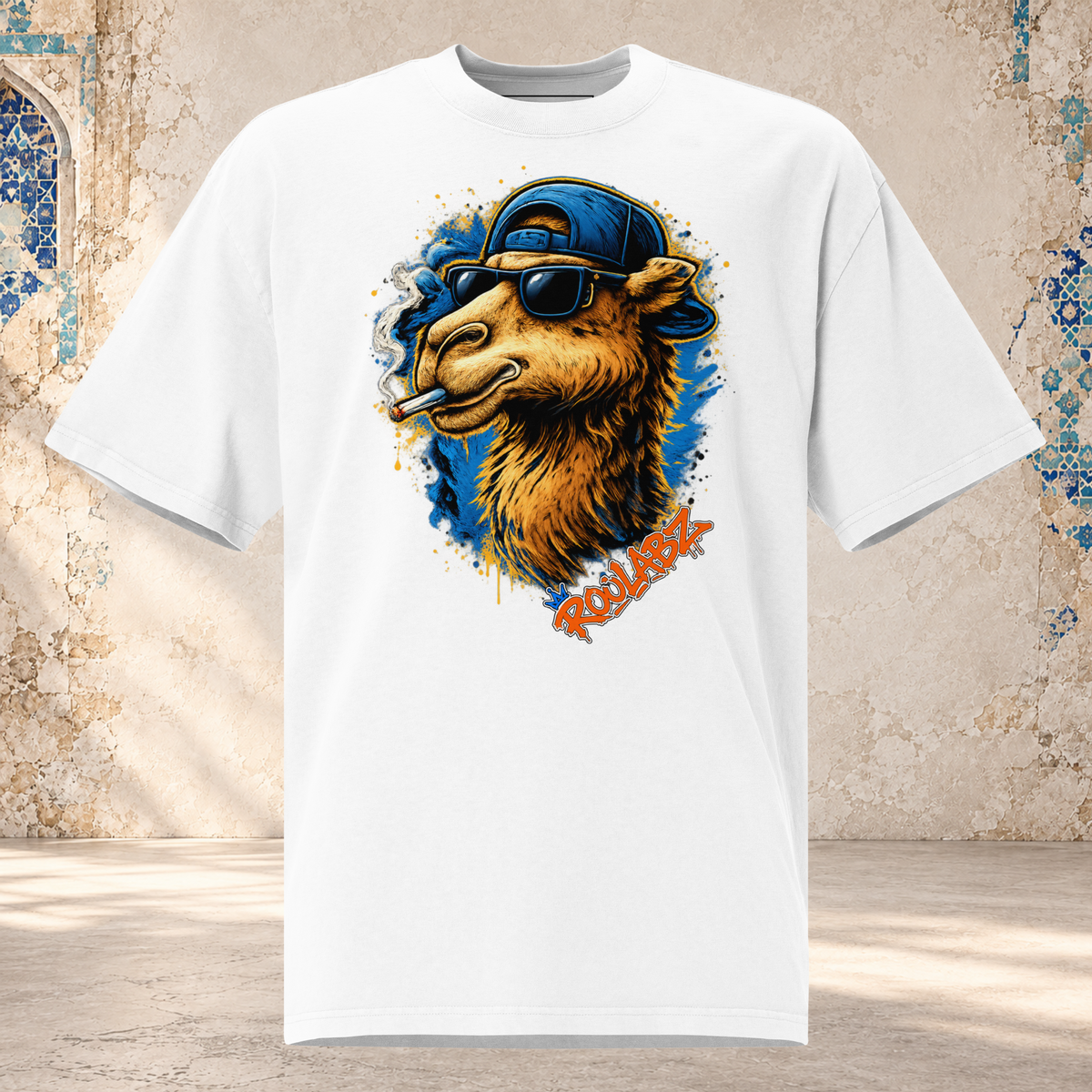 Front mockup of faded white oversized tee with a golden camel in sunglasses and a backward blue cap, curling cigarette smoke and blue splashes