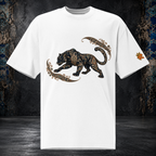 Front mockup of a faded white oversized tee with a black panther, gold-toned ornament and curling paisley flourishes