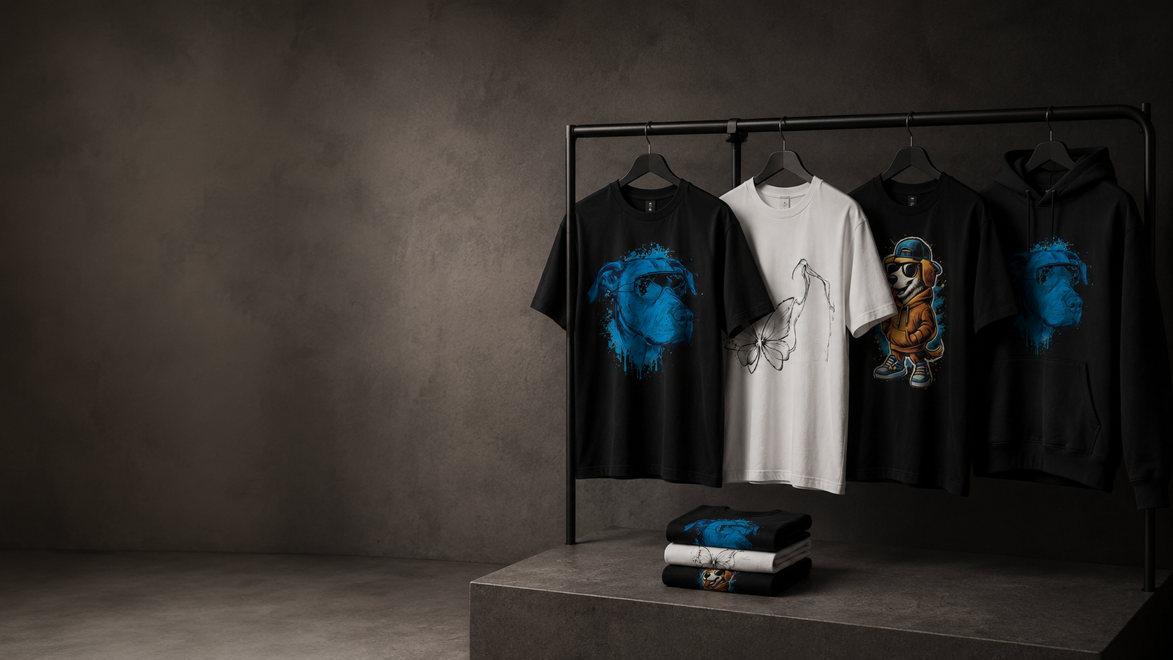 Roolabz black and white graphic tees with bold animal artwork on a clothing rack