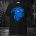 Front mockup of a black tee with an electric-blue dog portrait, white-patterned bandana and dripping ink details