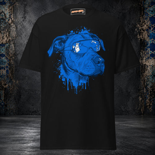 Front mockup of a black tee with an electric-blue dog portrait, white-patterned bandana and dripping ink details